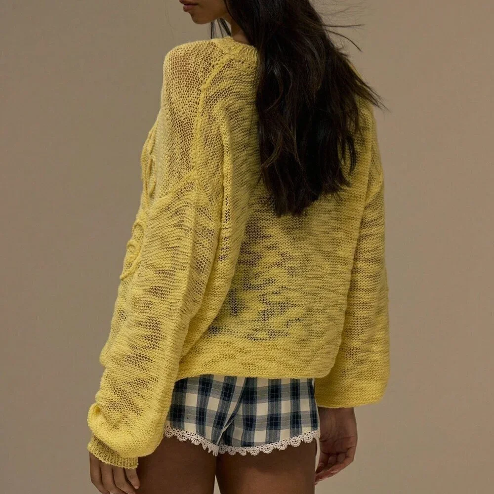Yellow Casual Women's Crew Neck  Embroidery Knit Sweater Top